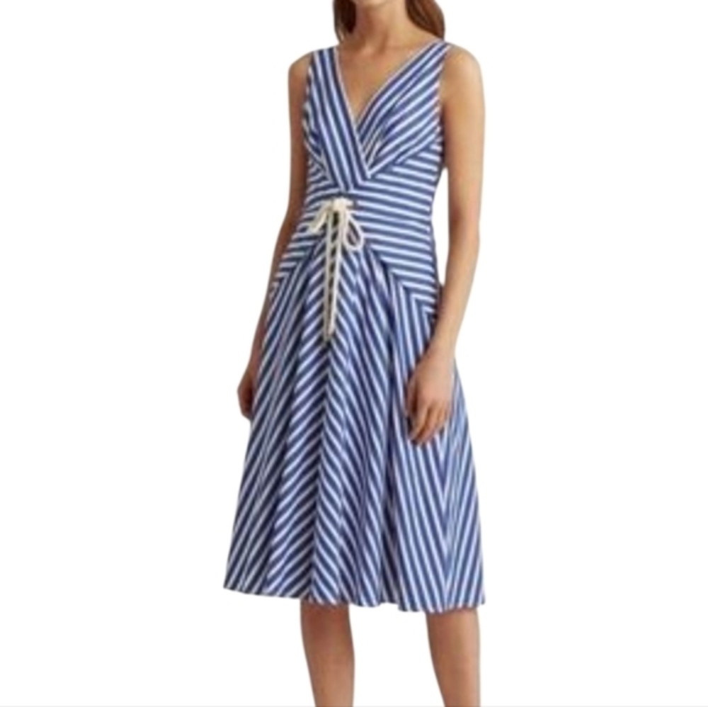 Lauren Ralph Lauren Nautical Blue Striped A-Line Sleeveless Midi Size 8 New